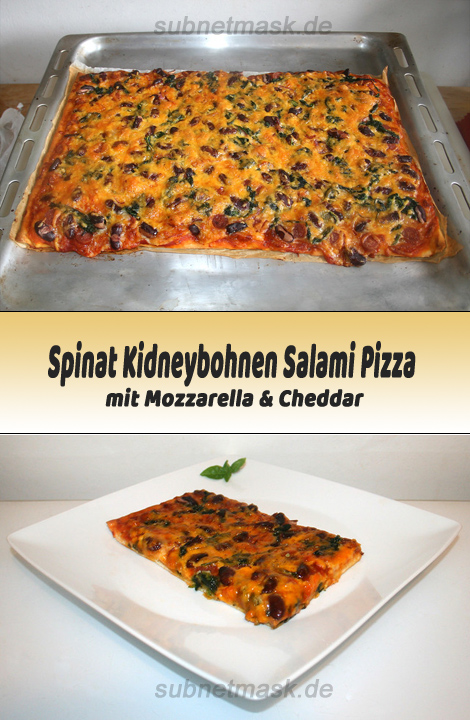 Spinat Kidneybohnen Salami Pizza mit Mozzarella & Cheddar