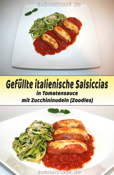 Gefüllte italienische Salsiccias in Tomatensauce mit Zucchininudeln