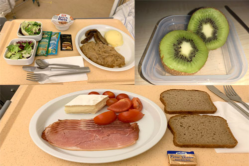 Punktion im Krankenzimmer, Bratwürste mit Sauerkraut, Püree & zwei Salaten sowie Camembert-Schinken-Brot & Kiwi [21.11.2024] (Bogenhausen 2024 – Tag 15)